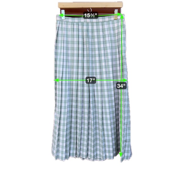 Vtg Cambridge Spirit Wool Plaid Pleated Midi Skirt Wms 12 Green Light Acedemia - Picture 3 of 6